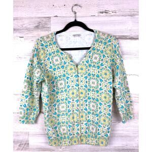 Talbots Womens L Petites Green Blue Abstract Cotton Button Up Cardigan Sweater
